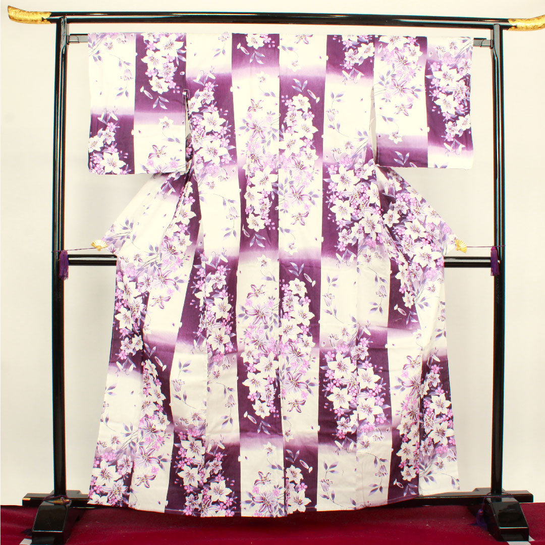 Yukata Checkered Floral Pattern Cotton S Rank Single Layer Length 162cm Sleeve Length 66.5cm White 1118001532411