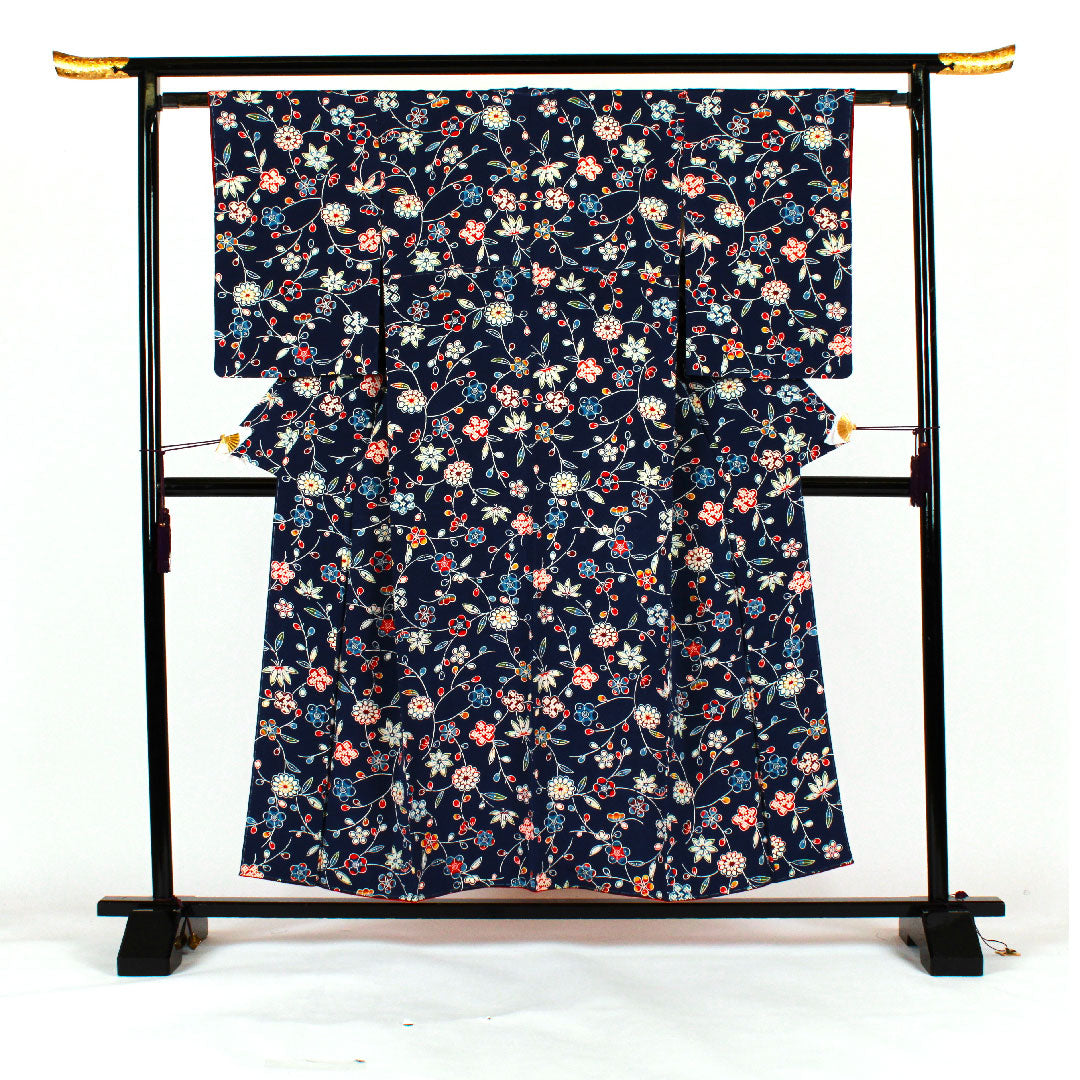 小紋 身丈155cm 裄丈62cm 袷  京紅型 松竹梅 花模様  正絹 Sランク 紺系 1115001202318