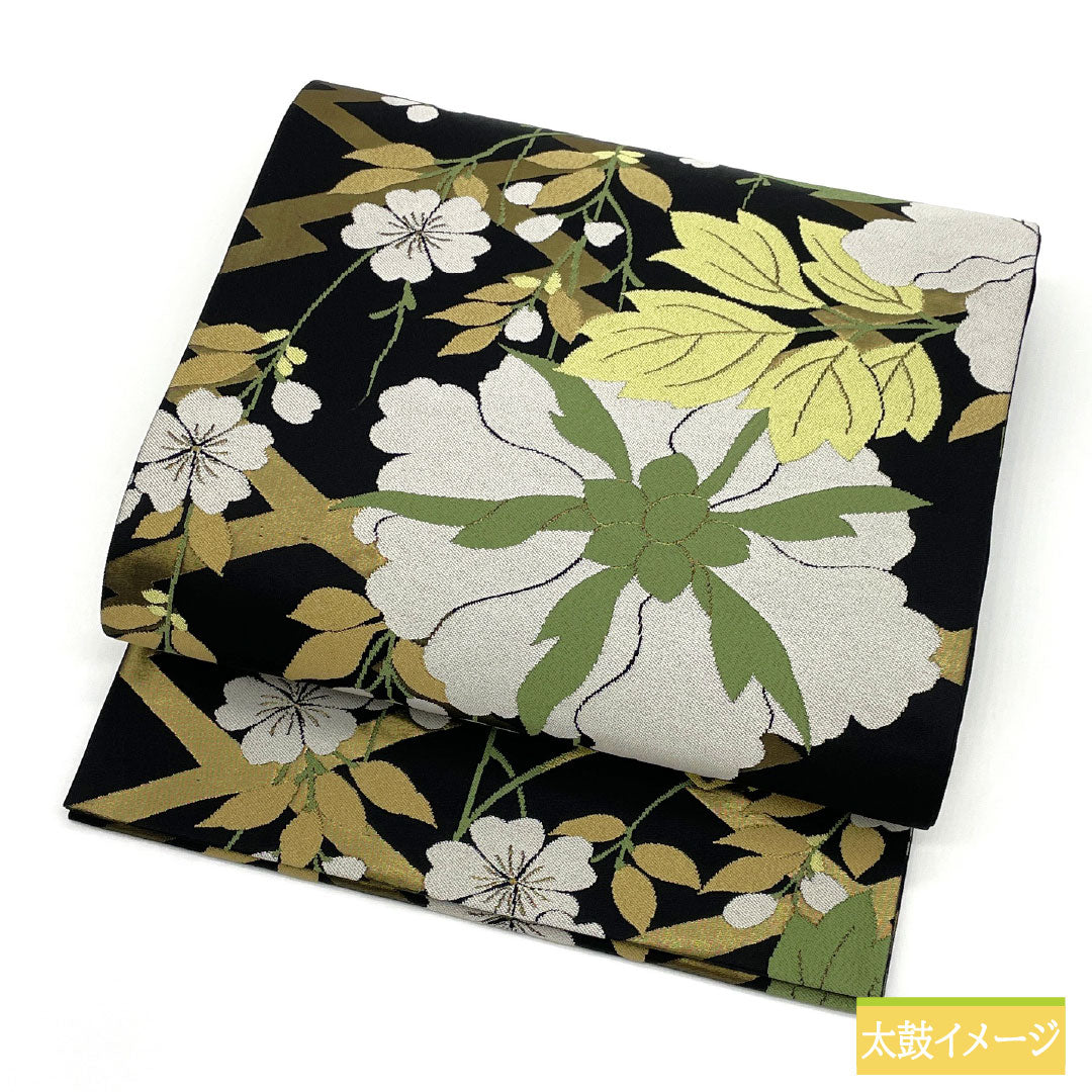 Fukuro obi, pure silk, S rank, Matsubishi, Nishijin-ori, floral, artisan-made, obi length 438cm, rokkutsu, semi-formal, black tones, 1123017372310