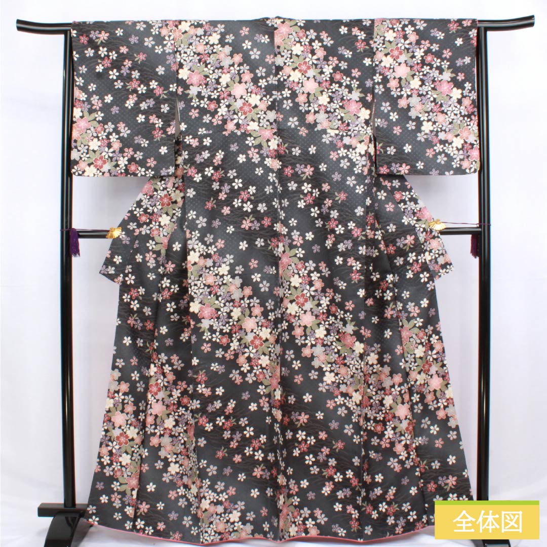 Komon (small pattern) kimono, polyester, length 164.5cm, sleeve length 63.5cm, lined, Noshimeiro (noshime-iro) pattern with dew grass and cherry blossoms, washable, S rank, gray, product number 1115006112422