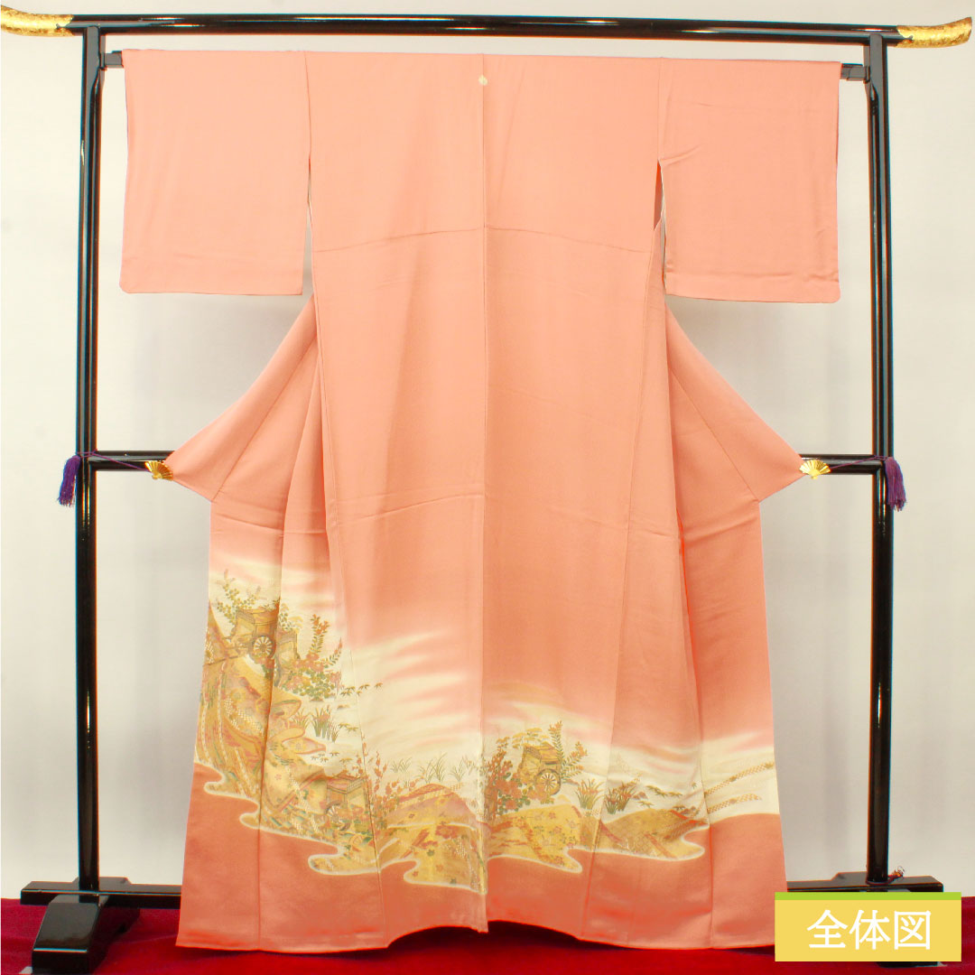 色留袖 正絹 身丈164cm 裄丈67.5cm 袷 洗朱色（あらいしゅいろ） 寿光織 御所車 王宮紫苑圓 一つ紋 揚羽蝶  Sランク 一つ紋 ピンク系 1111001222413