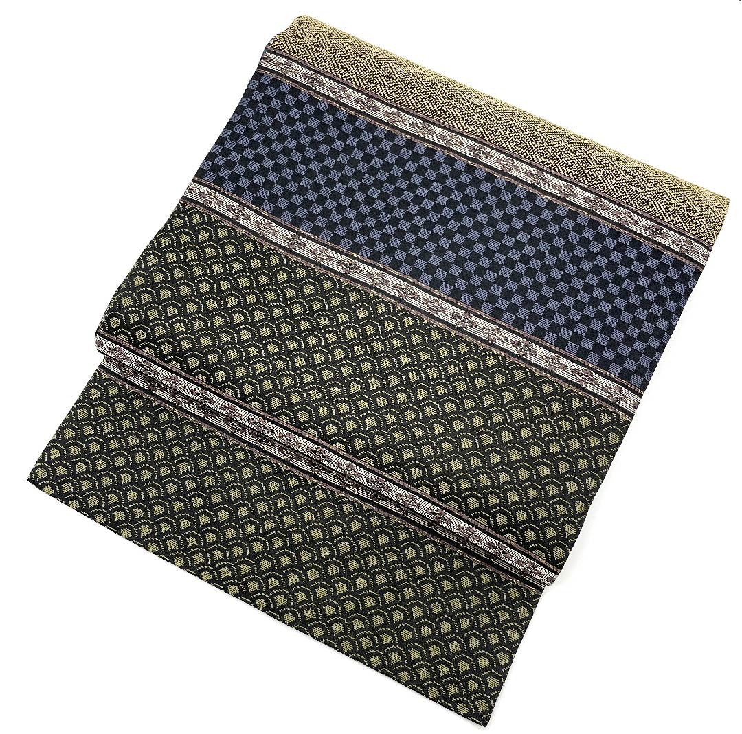 Nagoya obi, gradation, checkered pattern, Seigaiha pattern, Sayagata pattern, horizontal stripes, obi length 375.5cm, pure silk, S rank, full length, casual, gradation, 1124003192399, Nagoya style