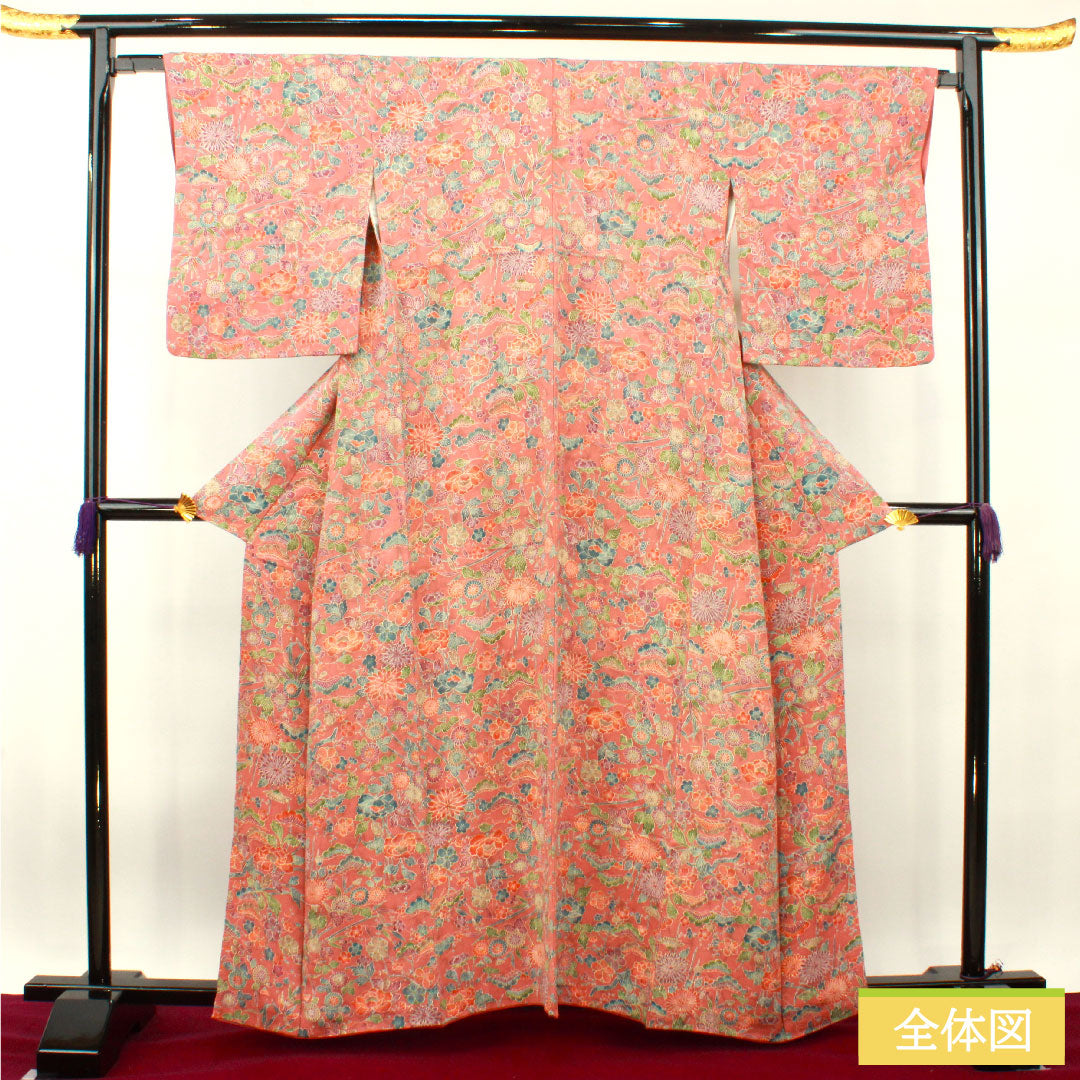 小紋 正絹 身丈160cm 裄丈65cm 袷 浅蘇芳色（あさきすおういろ） 草花模様 Sランク ピンク系 1115004102413