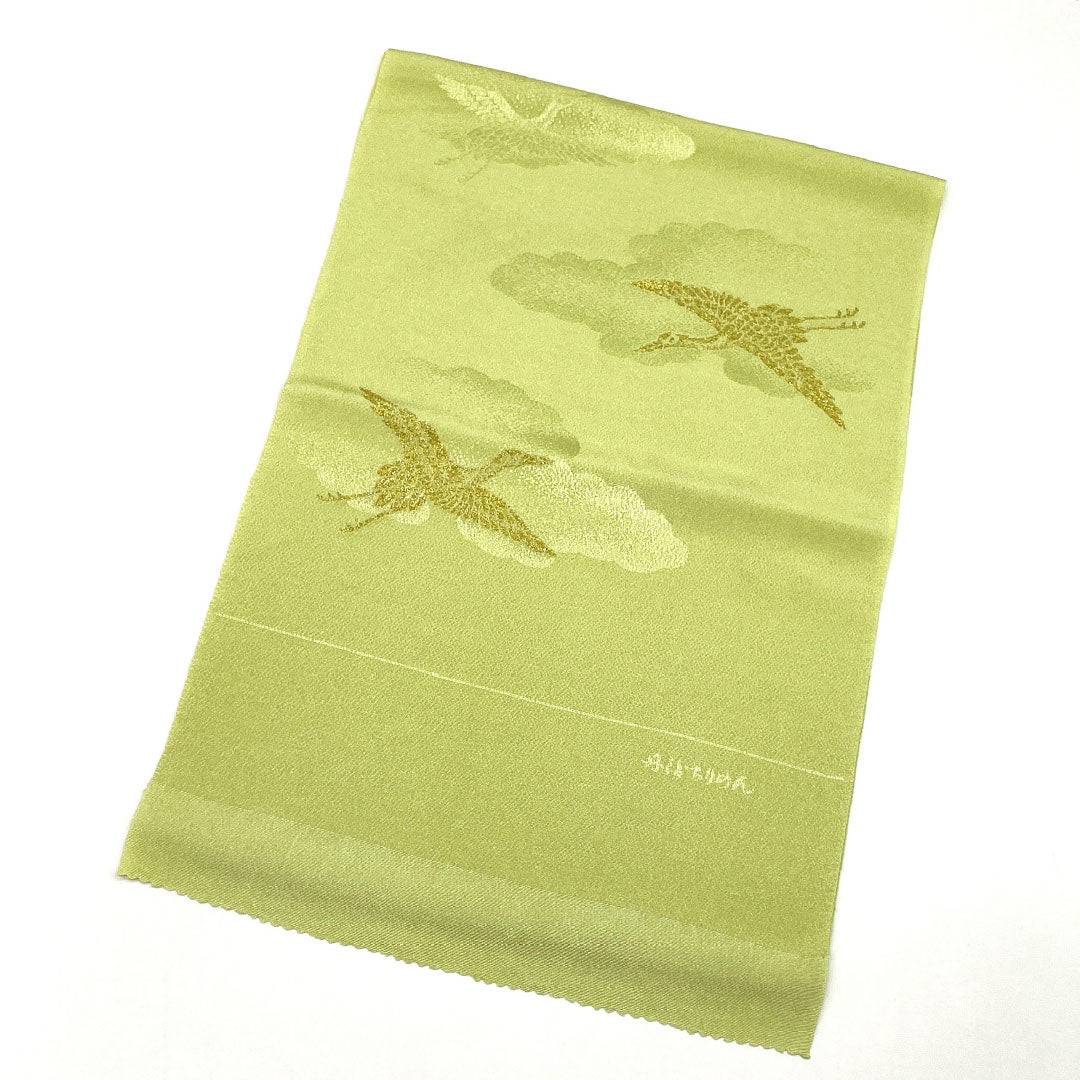 （新古品）帯揚げ 正絹 NEWランク セミフォーマル 若芽色（わかめいろ） 丹後ちりめん 鶴 雲 長さ約170cm 幅約28.5cm 緑系 1136001231919