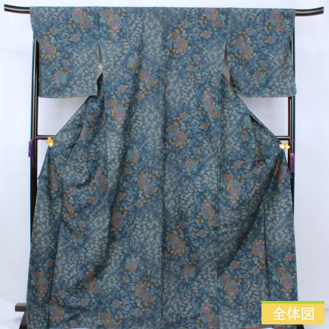 Pure silk tsumugi (pongee) kimono, Grade A, length 171.5cm, sleeve length 68cm, navy blue, rose and leaf motifs, basting thread included, lined, navy blue, product number 1116004373618