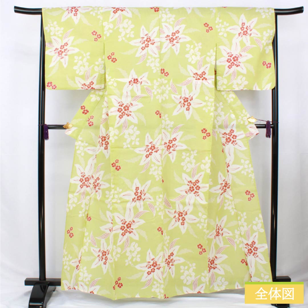 Cotton Yukata, Length 161.5cm, Sleeve Length 66cm, S Rank, Single Layer, Green, Wakame-iro (Wakame-iro) with Lily and Cosmos Designs, 1118006382419