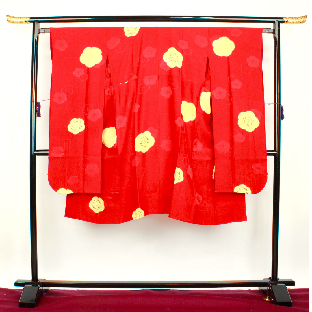 Long undergarment, pure silk, length 120cm, sleeve length 67.5cm, single layer, old red color, for long-sleeved kimono, plum, A rank, red, 1129000293112