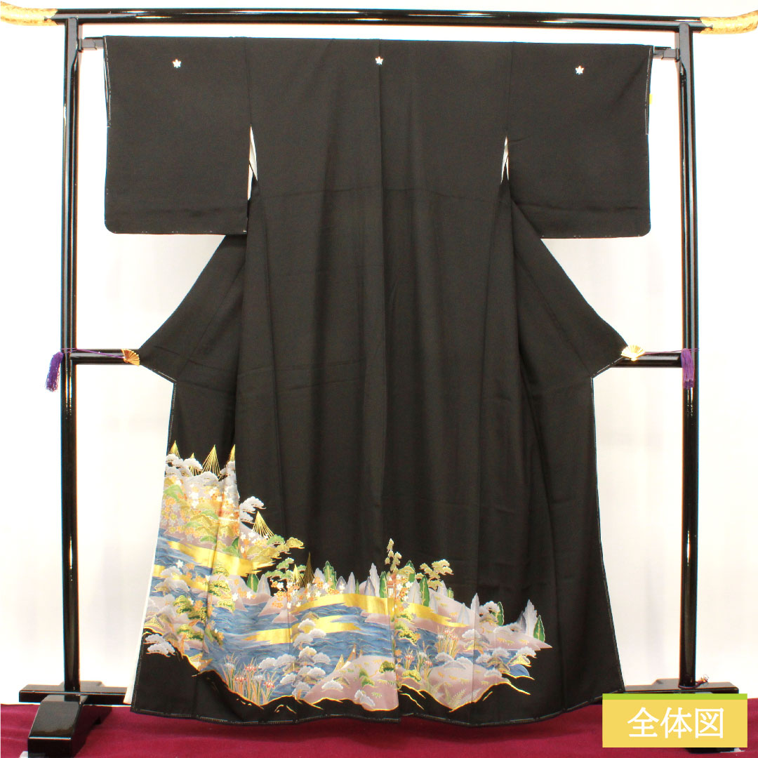 黒留袖 正絹 身丈162cm 裄丈66cm 袷  京友禅 風景模様 五つ紋 沢瀉 しつけ糸付き 未使用品 Sランク 五つ紋 黒系 1111001252410