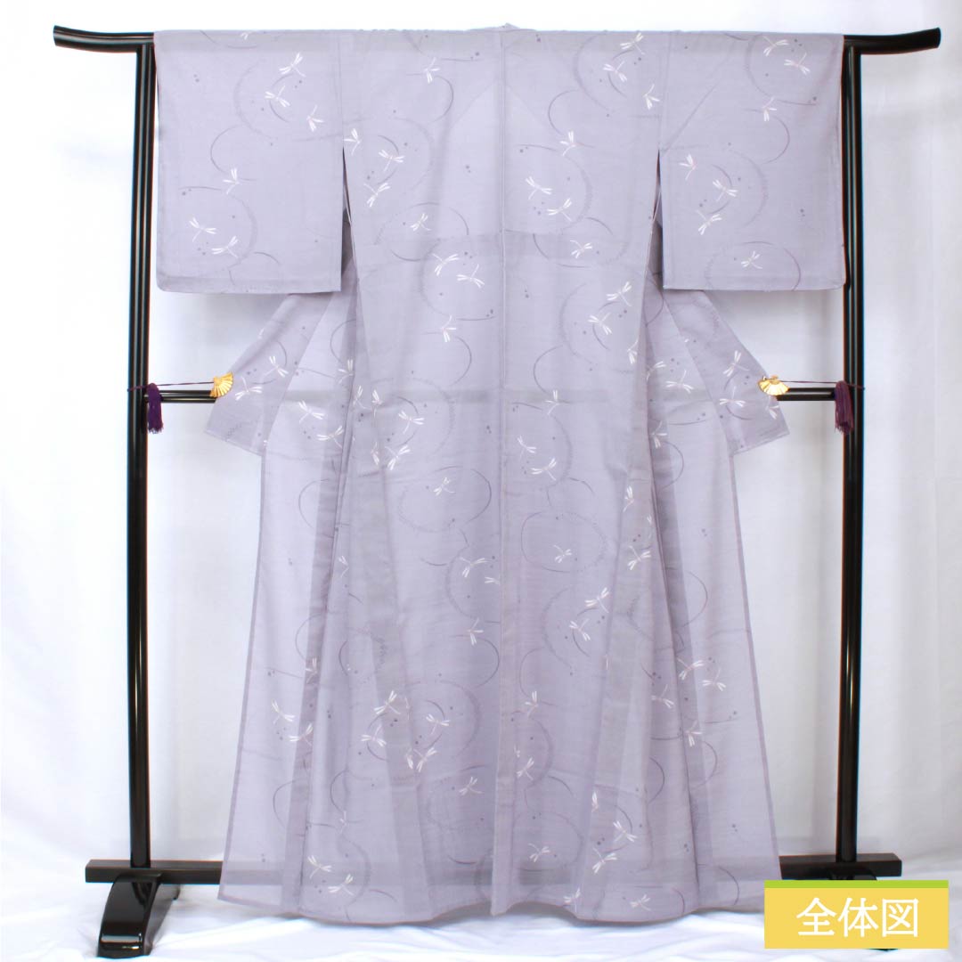 Summer kimono, polyester, small pattern, length 163cm, sleeve length 64.5cm, aristocratic gray, ripples, dragonfly, washable kimono, gauze, S rank, purple, 1132002142420