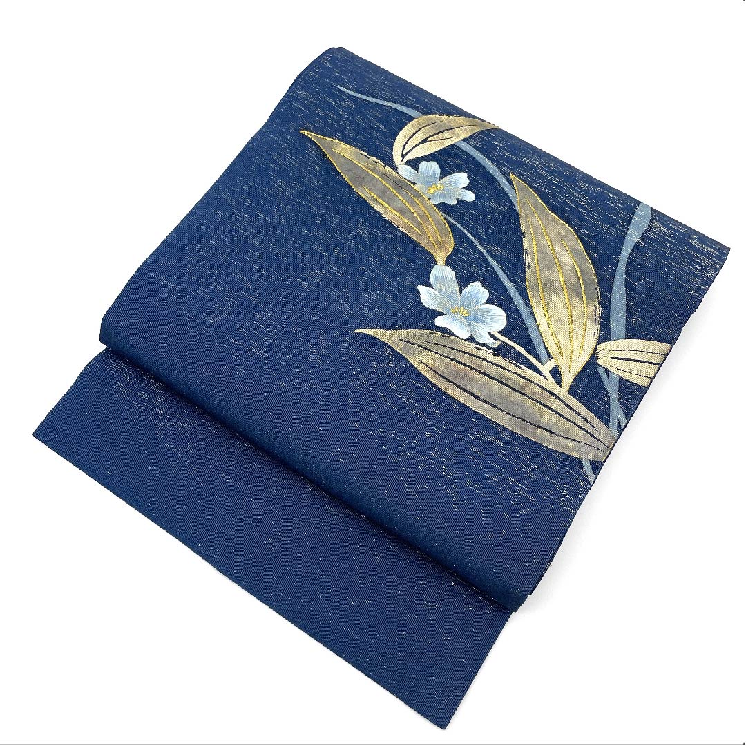 Nagoya obi, navy blue, floral pattern, embroidery, obi length 387.5cm, pure silk, A rank, point pattern, semi-formal, blue, 1124003203317, Nagoya style
