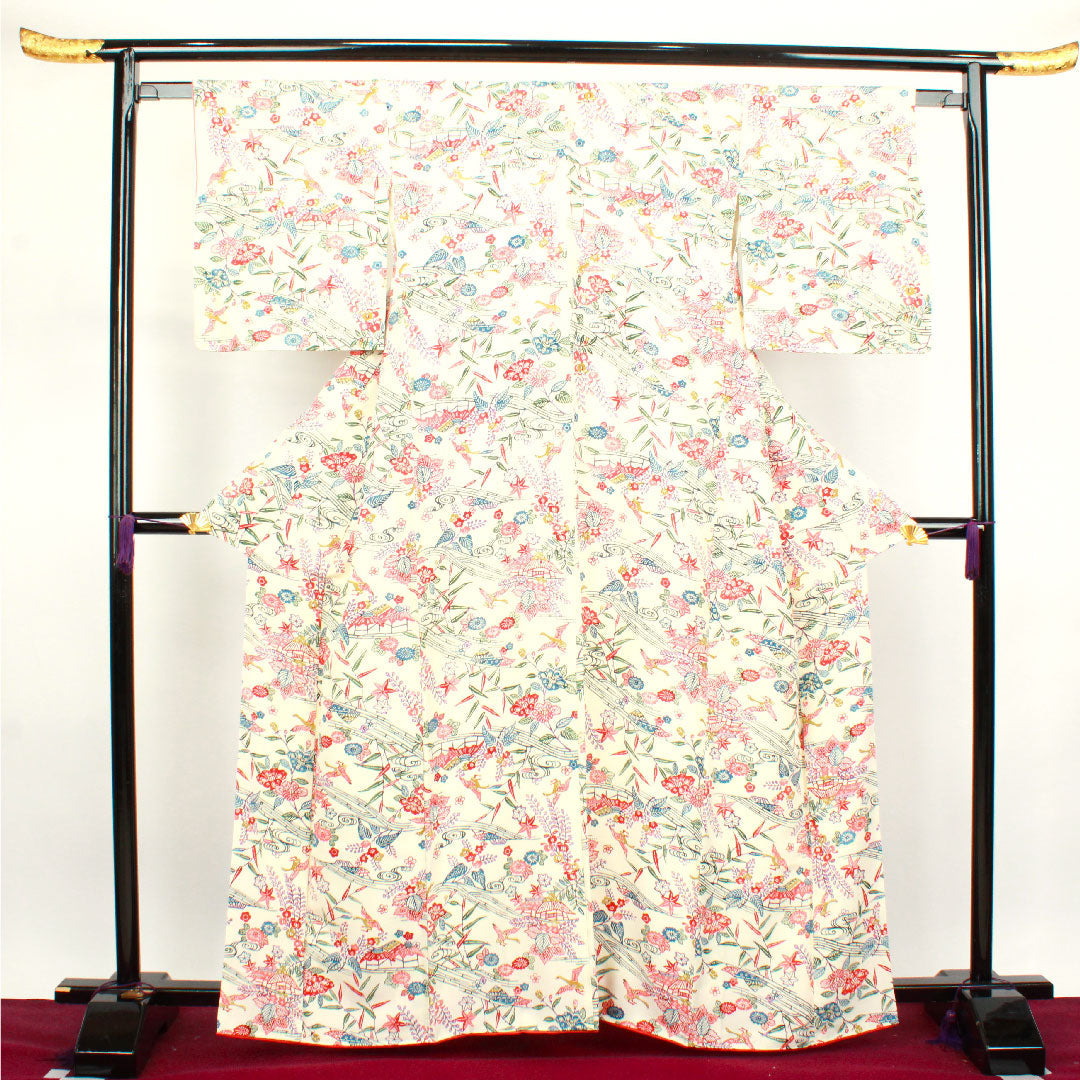 小紋 身丈163.5cm 裄丈65cm 袷  乳白色 京紅型 茶屋辻  正絹 Sランク 白系 1115003342411