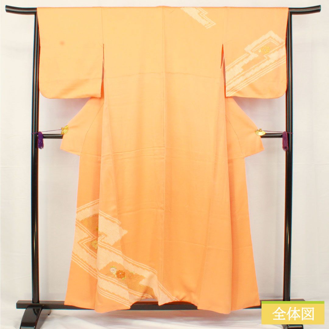 Homongi, pure silk, lined, length 154cm, sleeve length 64cm, vermilion, partially tie-dyed, partially embroidered, chrysanthemum, A rank, orange, 1112005403226
