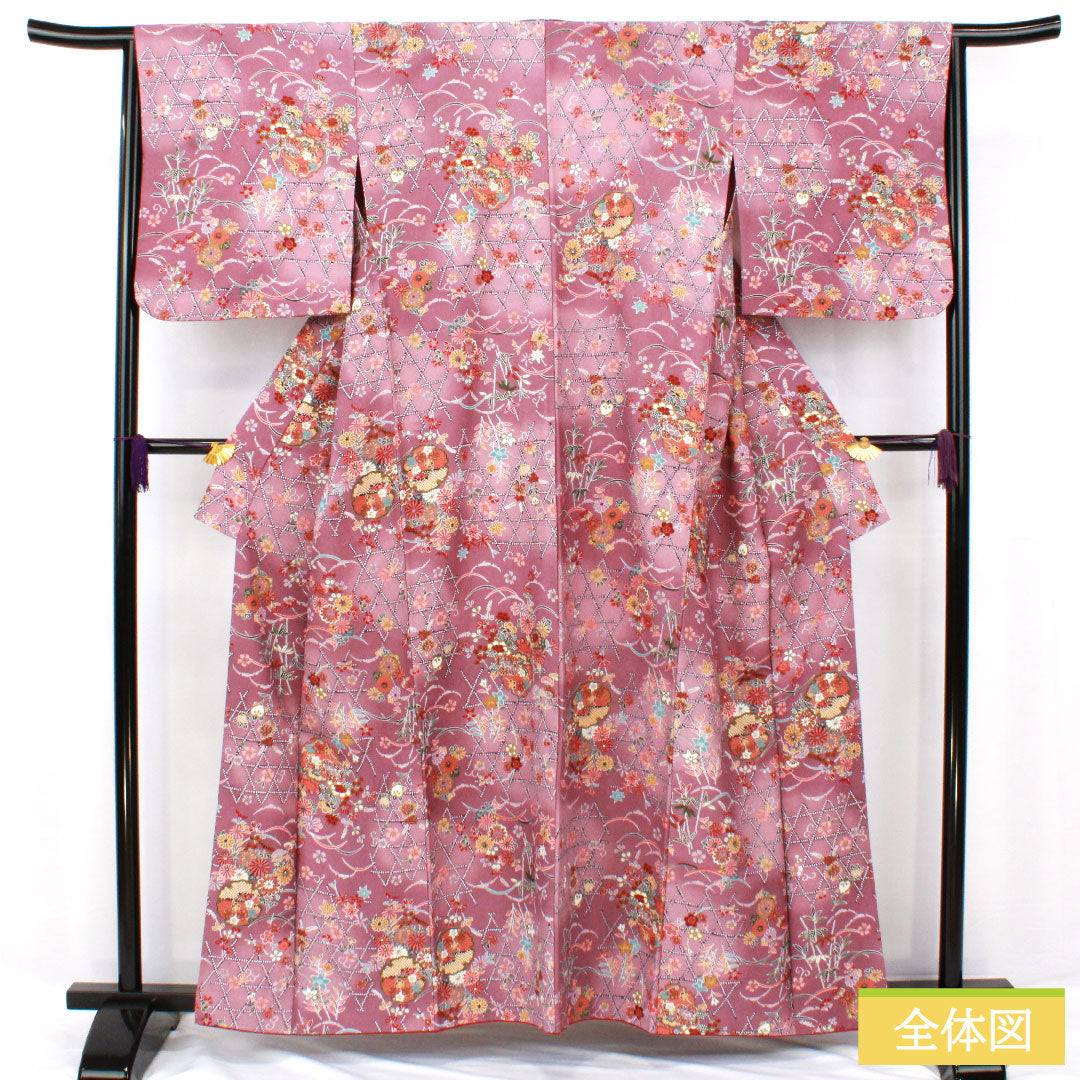 Small pattern, polyester, length 169.5cm, sleeve length 64.5cm, lined, Kyoto wisteria color, washable kimono, floral pattern, A rank, purple, 1115004623520