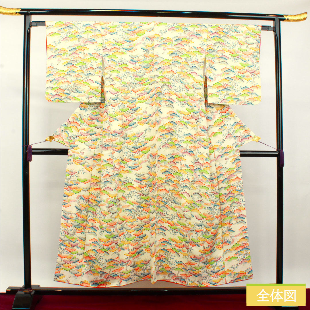小紋 クリーム系 身丈152.5cm 裄丈67.5cm 袷  乳白色 松 鶴  正絹 Aランク 1115003743215