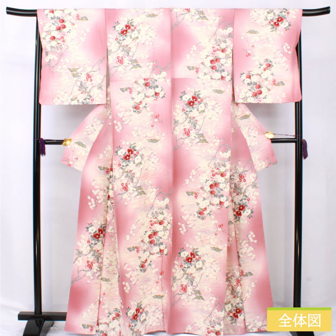 Komon silk S-rank kimono, length 163cm, sleeve length 68cm, lined, one-kin dyed, Kyoto Yuzen pattern, floral motif, pink, with basting thread, product number 1115007132413