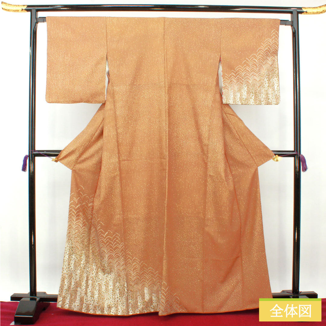 Homongi (formal kimono) made of polyester, lined, length 165cm, sleeve length 65.5cm, hunting tiger color, washable kimono, with undergarment, S rank, brown, 1112003692514