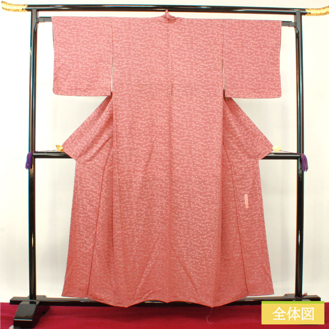 Small pattern, pure silk, length 156cm, sleeve length 63.5cm, lined, red obi (taikoshoku), Living National Treasure Nanbu Yoshimatsu, running water, Ise katagami, S rank, pink, 1115004112313