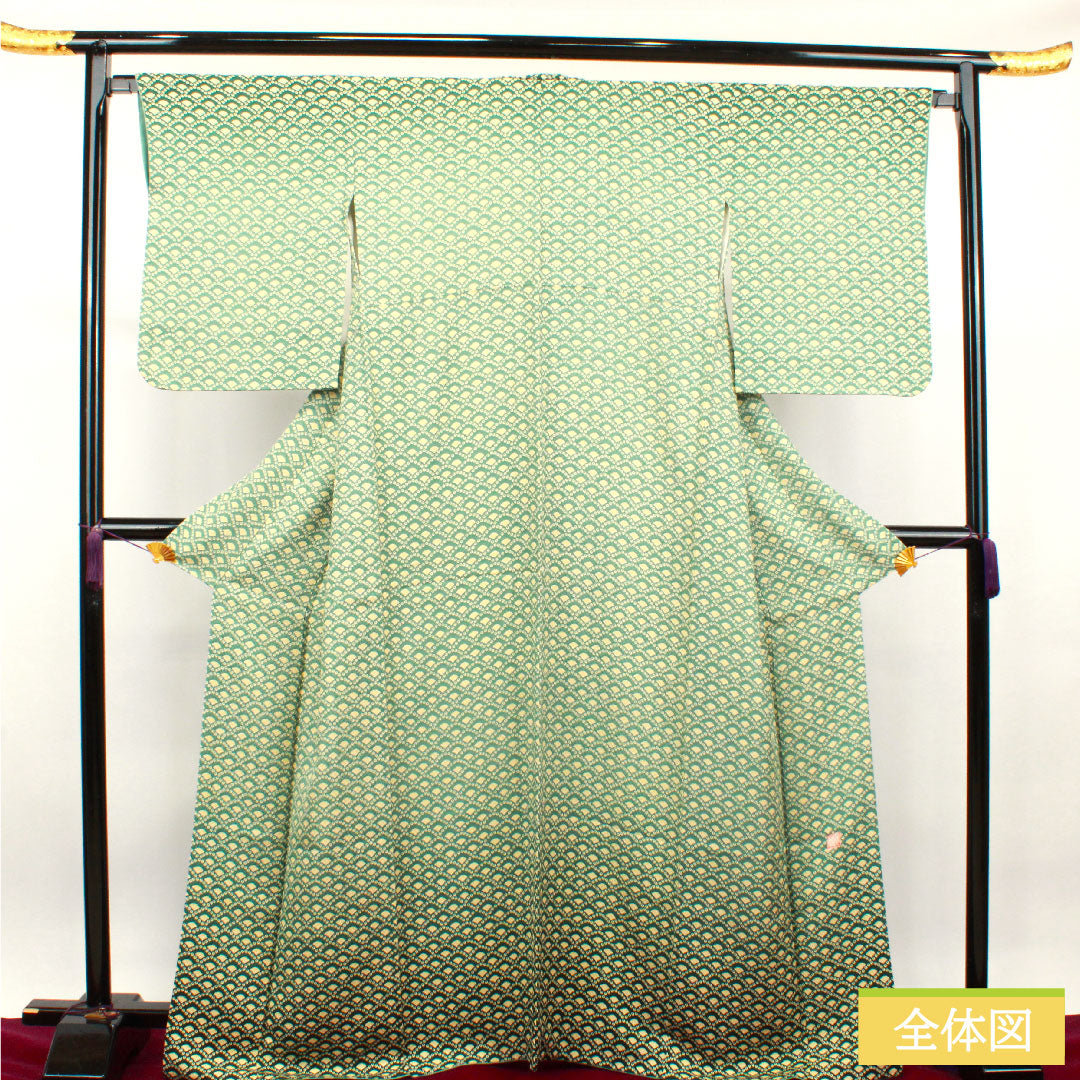 小紋 正絹 身丈167.5cm 裄丈65.5cm 袷  山藍摺色  Sランク 緑系 1115003672519