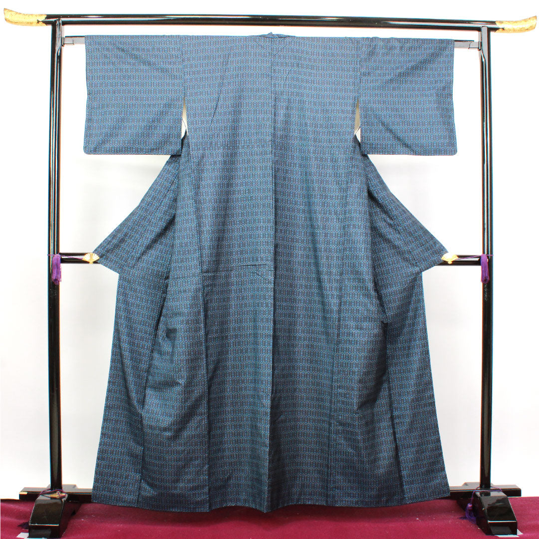 Oshima Tsumugi, Length 160.5cm, Sleeve length 63cm, Dark navy blue, Warp and weft kasuri, Tortoiseshell, Pure silk, A rank, Lined, Navy blue, 1116002593418