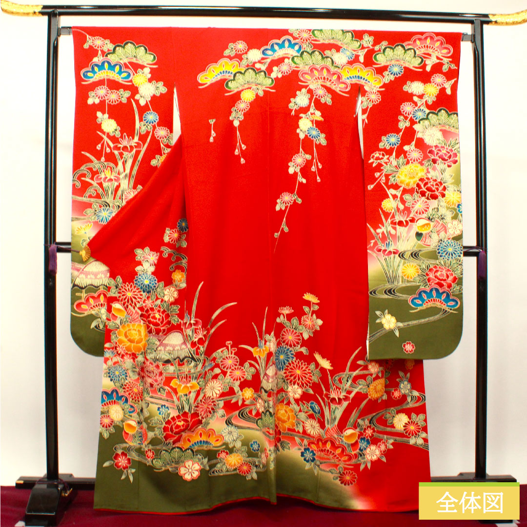 Furisode, pure silk, length 163cm, sleeve length 66.5cm, lined, scarlet, Kyoto Bingata, auspicious motif, S rank, red, 1113001852412