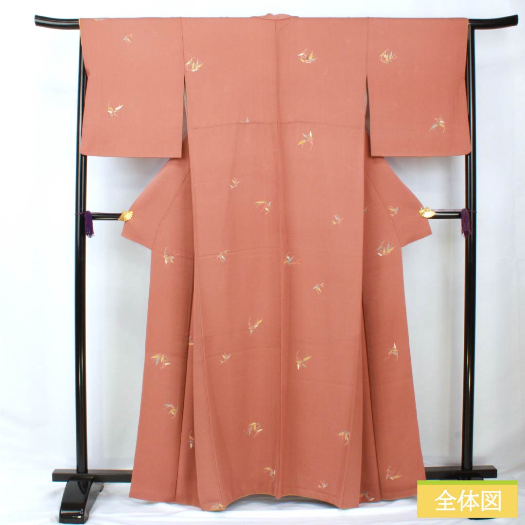 Komon, pure silk, length 163.5cm, sleeve length 66cm, lined, Tokiasagi-iro (light blue), Kyo-Yuzen, bamboo leaf, pearl tone finish, S rank, brown, 1115005742414