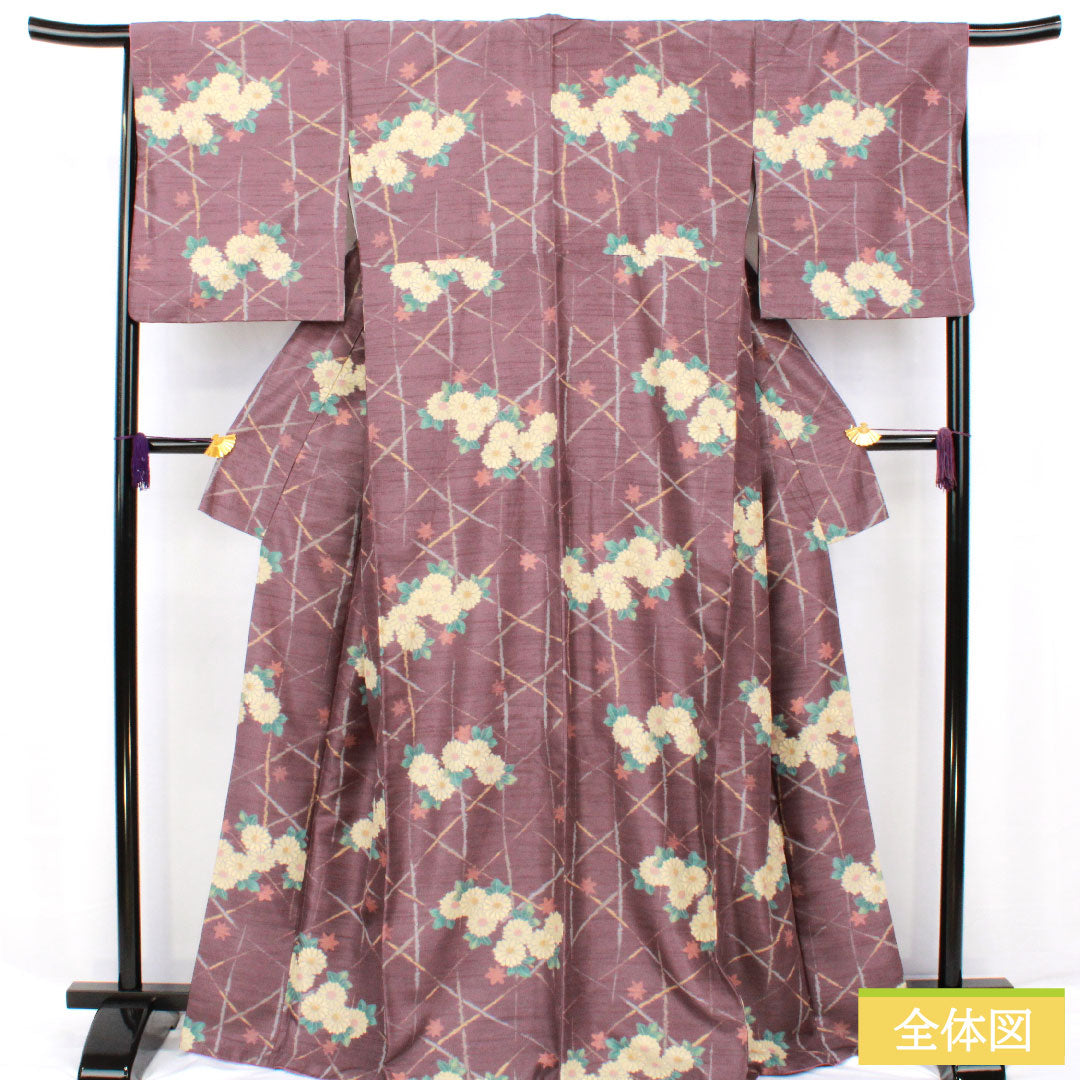 Small pattern, polyester, length 167.5cm, sleeve length 67cm, lined, poppy purple, washable kimono, chrysanthemum, S rank, purple, 1115004592520