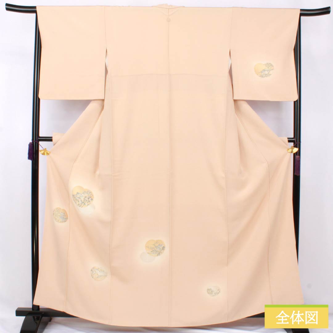 Visiting Kimono, Pure Silk, A-Rank, Lined, Length 161cm, Sleeve Length 66cm, Light Color (Usunikuiro), Single Crest, Shade-Arise Wisteria, Embroidered Landscape, Tsukesage, Orange, Product Number: 1112007143426