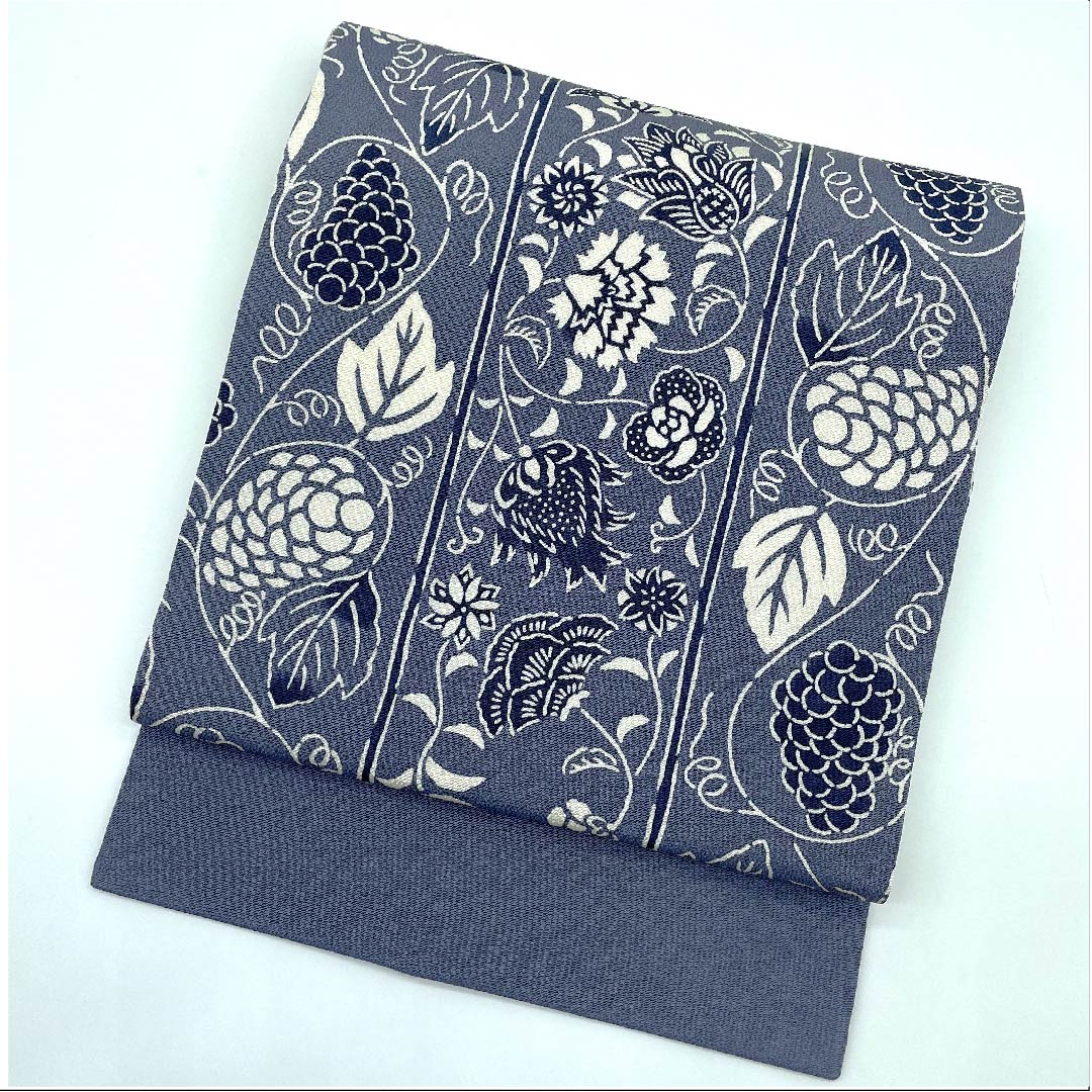 Nagoya obi, tin-colored, Kyoto Bingata, Kuriyama Kobo, flower chintz, grapes, monotone, obi length 374cm, pure silk, S rank, point pattern, casual, gray, 1124005232322, Nagoya tailoring