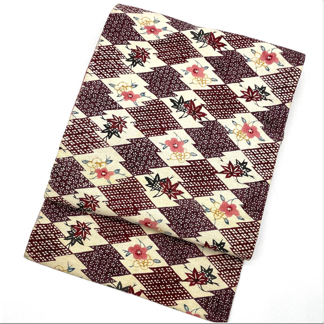 名古屋帯 二人静色 紅葉 花柄 松皮菱 帯丈320cm 正絹 Bランク 六通 カジュアル 紫系 1124004734320  名古屋仕立て