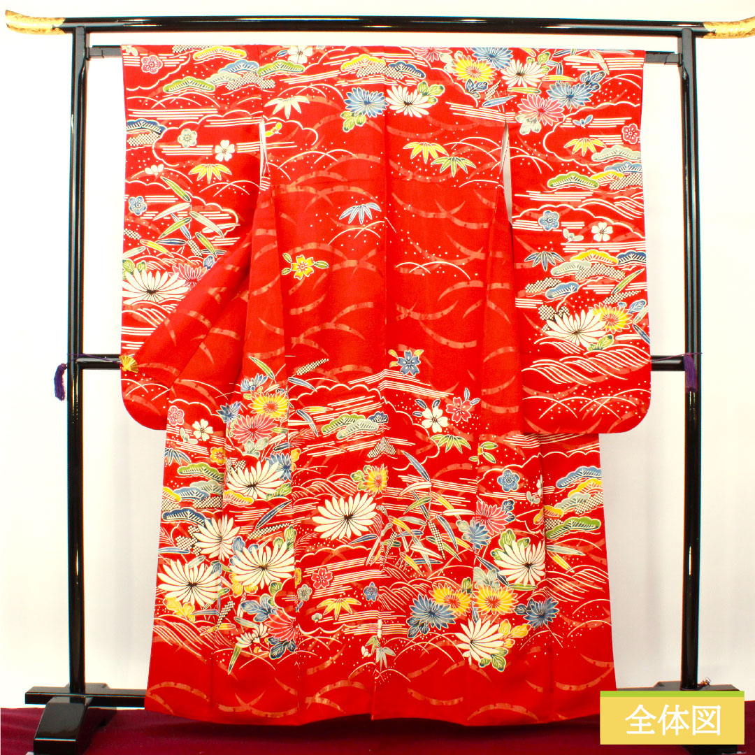 振袖 正絹 身丈160cm 裄丈62.5cm 袷 土耳古赤色（とるこあかいろ） 金通し 露芝 草花模様 Aランク 赤系 1113002043412