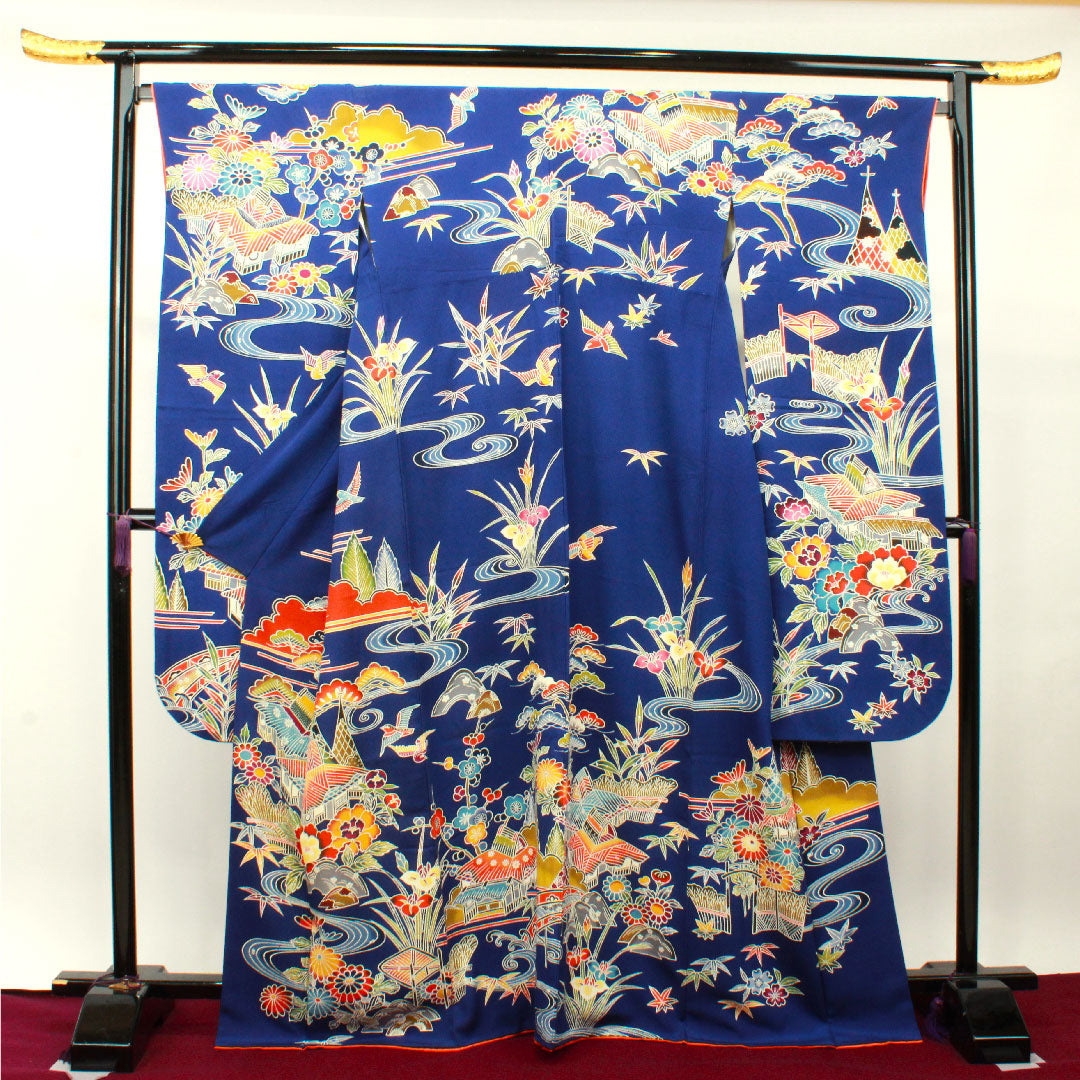 振袖 身丈167.5cm 裄丈68cm 袷  瑠璃色 京紅型 吉祥文様  正絹 Aランク 紺系 1113001773518