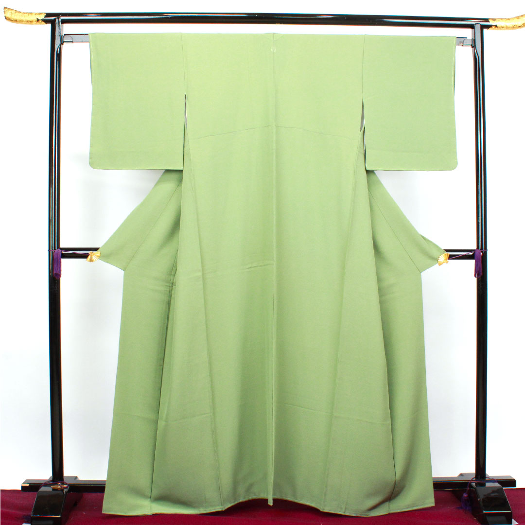 Plain color, pure silk, uraba color, with basting thread, unused, plain, sword and katabami, length 163.5cm, sleeve length 63cm, lined, S rank, green, 1114000832419