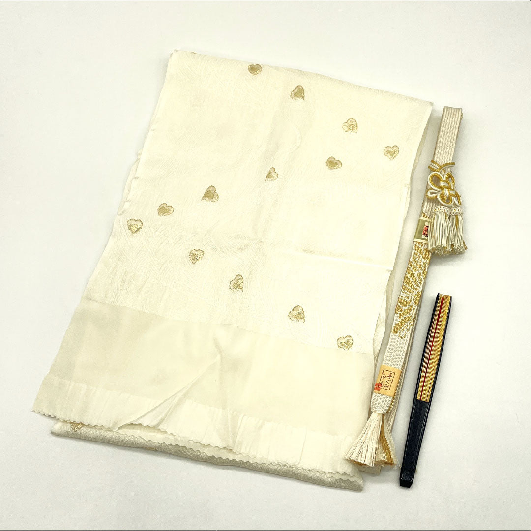 Used - Excellent Condition - Obiage and Obijime Set, Pure Silk, Rank B, Unohana-iro (off-white), For Tomesode, Pure Gold, Peacock Feather Pattern, Length approx. 152cm, Width approx. 1.8cm, Formal, White-toned, 1141000414311