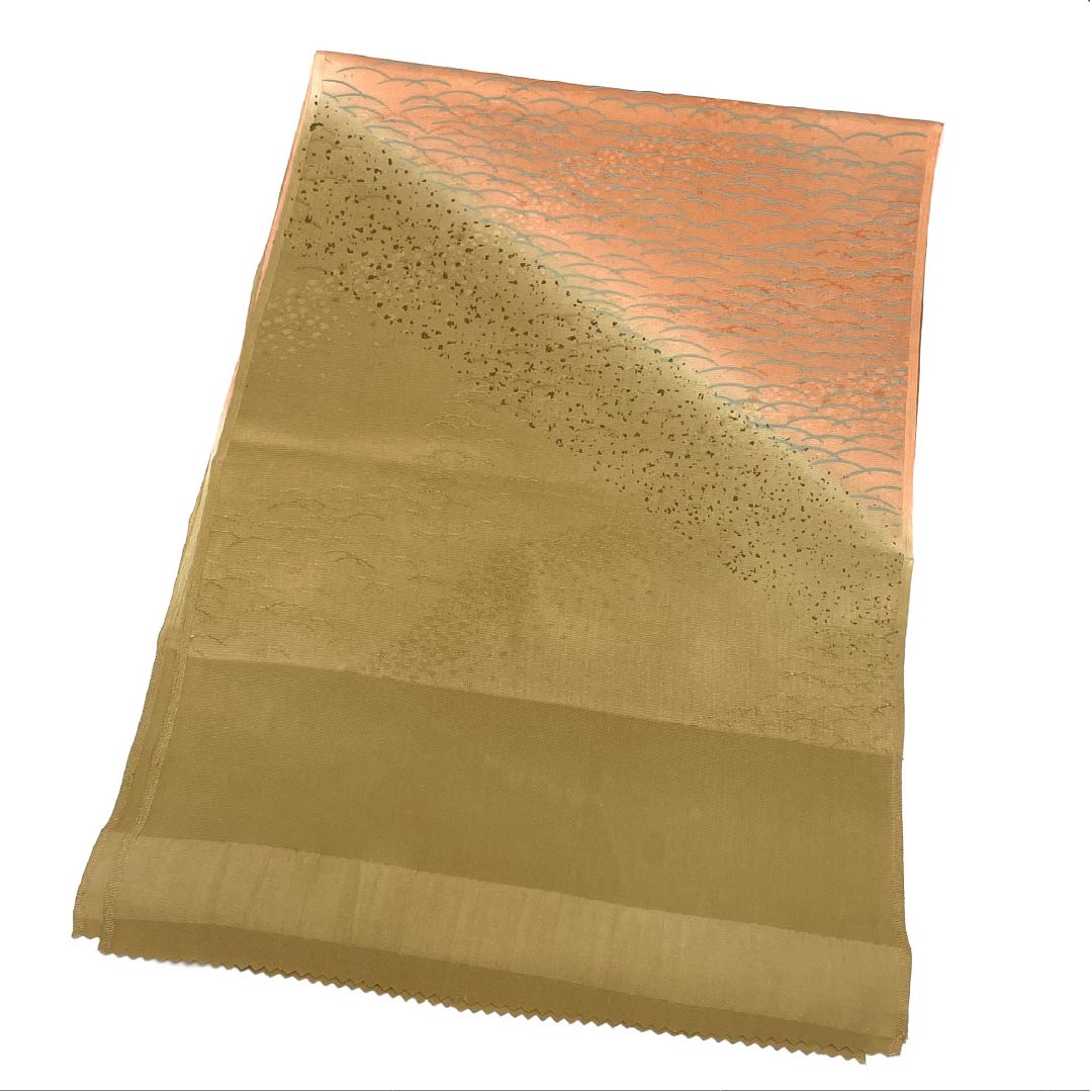 S-Rank Silk Obiage (Semi-Formal) in Yamamomo (Yamamomo) and Hanezu (Hanesui) Colors, Classic Grass Pattern, Beige, Approximately 180cm Long, 30cm Wide, Product Number: 1136002092925