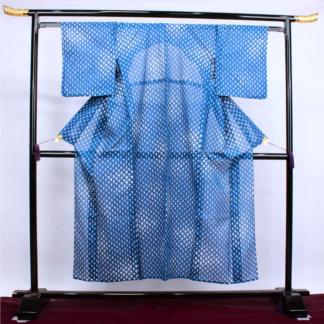 夏物 ポリエステル 小紋 身丈151cm 裄丈62.5cm 碧琉璃色（へきるりいろ） チューリップ 絽 Bランク 青系 1132000304217