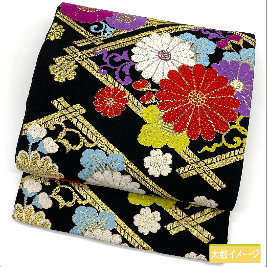 Fukuro Obi, pure silk, black, diamond pattern, chrysanthemum, cherry blossom, plum, obi length 454cm, S rank, six-pass, formal, black, 1123011582410