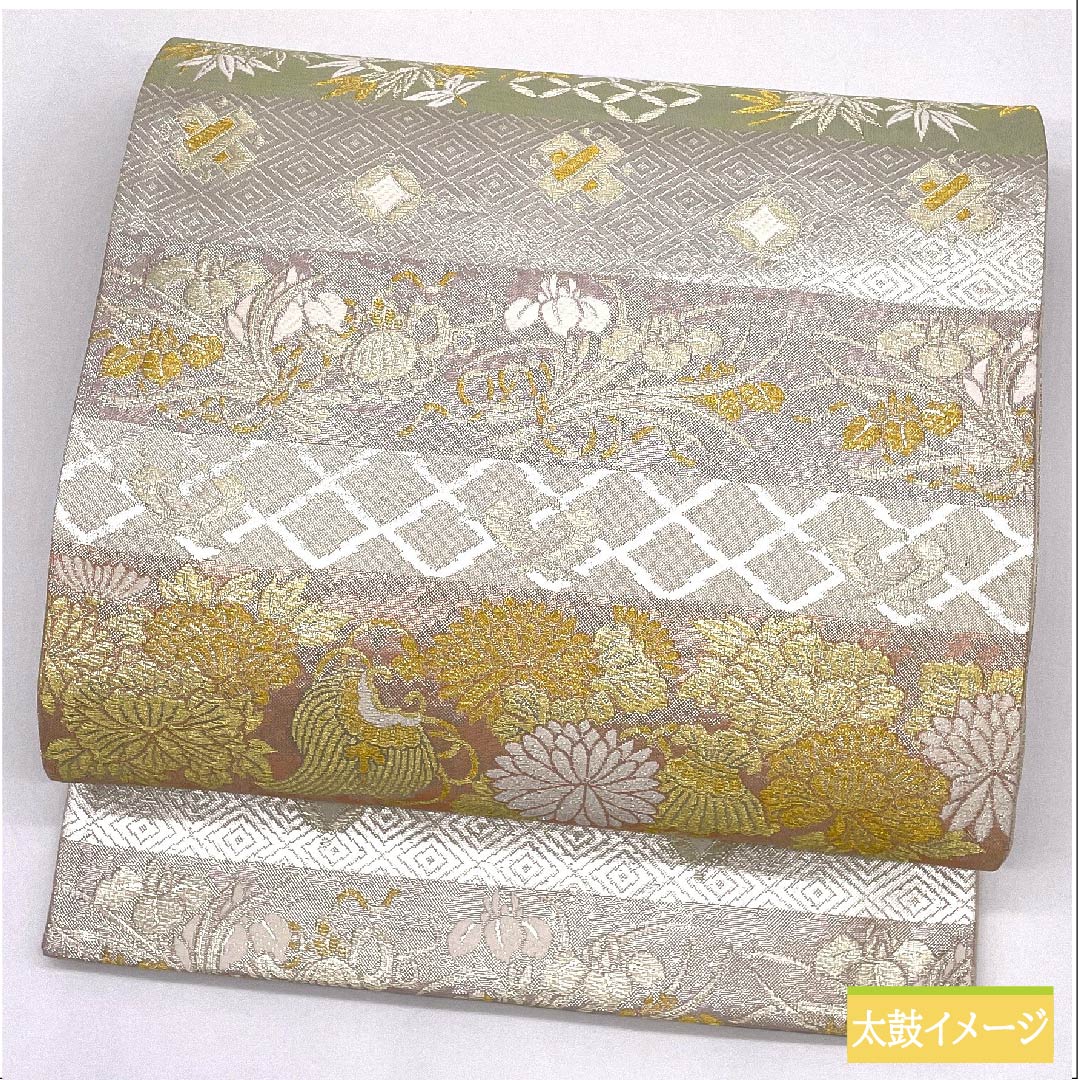Fukuro Obi, pure silk, silver, horizontal stripes, Seigaiha, Shippo, horizontal stripes, obi length 438cm, S rank, six-pass, formal, silver, 1123011882322