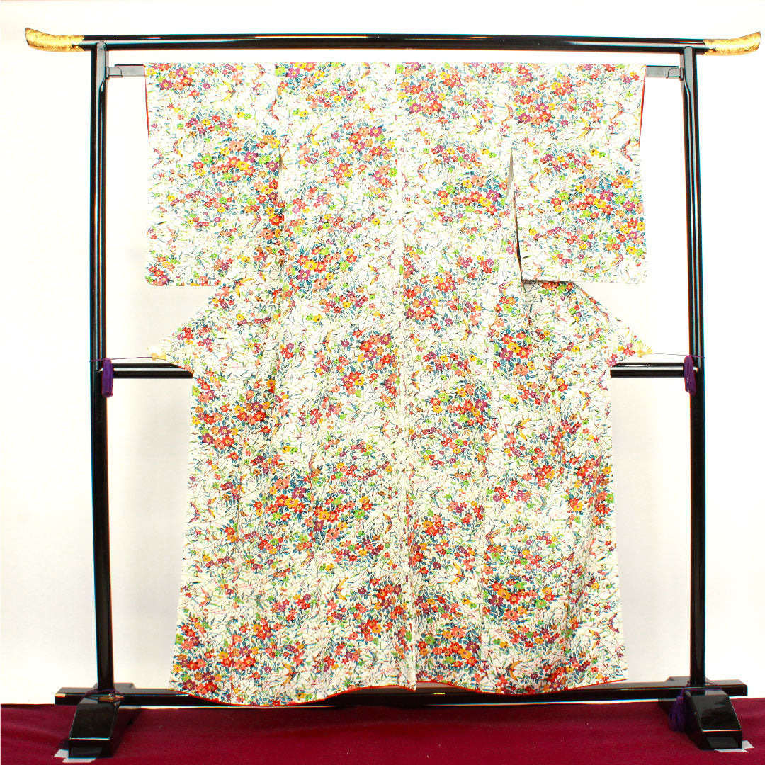 小紋 身丈156cm 裄丈60cm 袷  胡粉色 草花模様  正絹 Aランク 白系 1115003073311