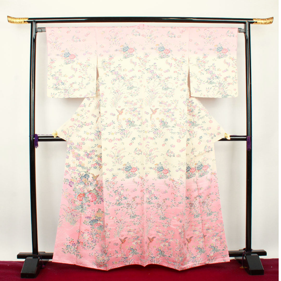 Homongi, lined, length 162.5cm, sleeve length 65cm, single layer plum color, Kyoto Yuzen, floral pattern, pure silk, S rank, pink, 1112001922413