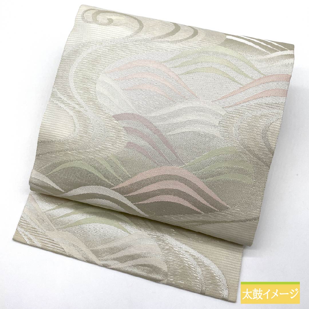 Nagoya Obi, Pure Silk, Kanze Ryusui Design, Summer Obi, Dried Leaf Pattern, Wave Pattern, Length 372cm, Rank B, Six-Ply, Semi-Formal, Silver, 1124008754322, Nagoya Style