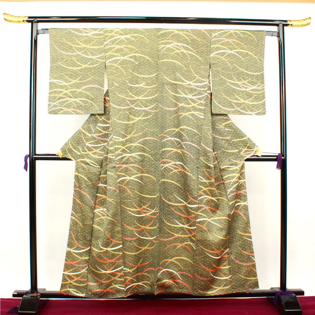 Komon Length 156.5cm Sleeve length 61.5cm Awase Sayagata Shiba grass Pure silk A rank Black 1115002683310