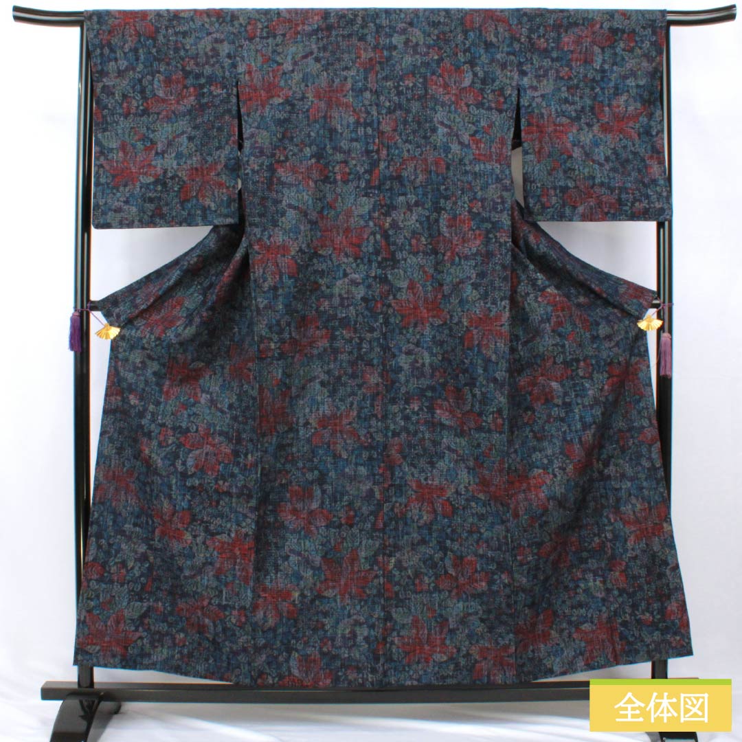 Tsumugi Silk S Rank Length 159.5cm Sleeve Length 66cm Dark Blue Floral Pattern Unlined Navy 1116005152318