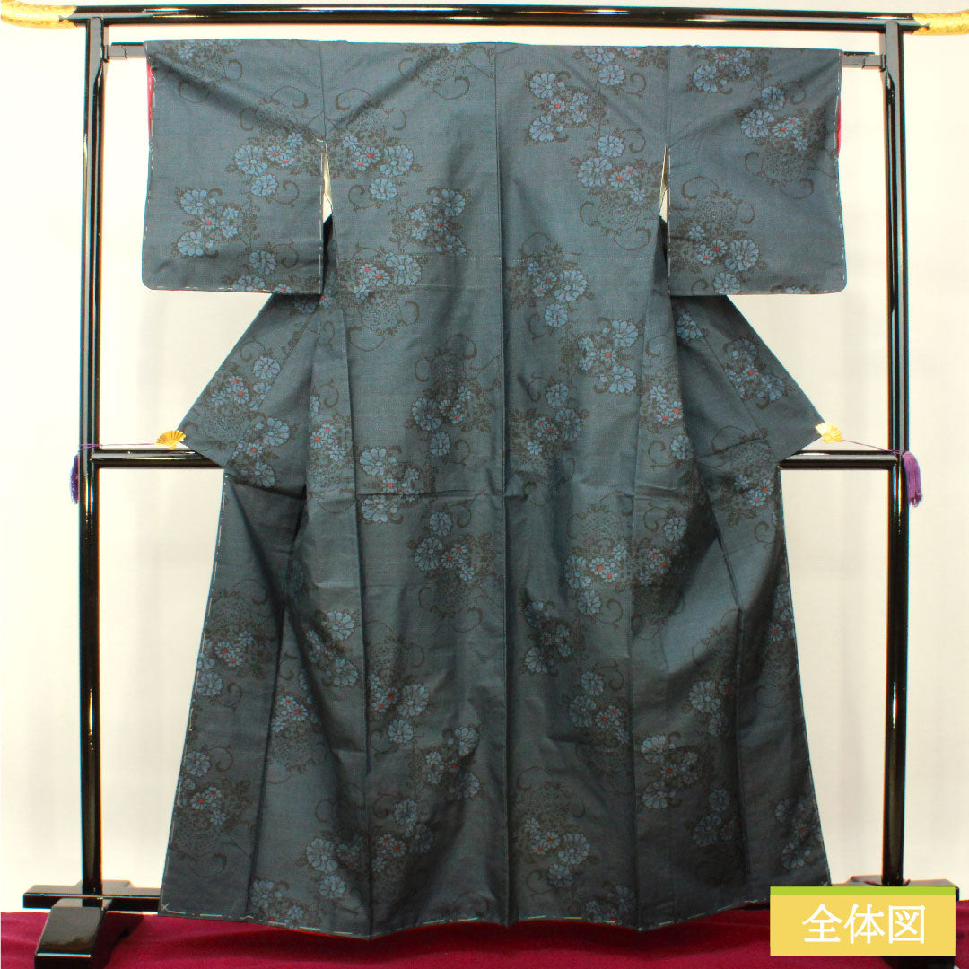 Tsumugi, pure silk, length 162.5cm, sleeve length 64cm, flower pattern, A rank, lined, navy blue, 1116003303418