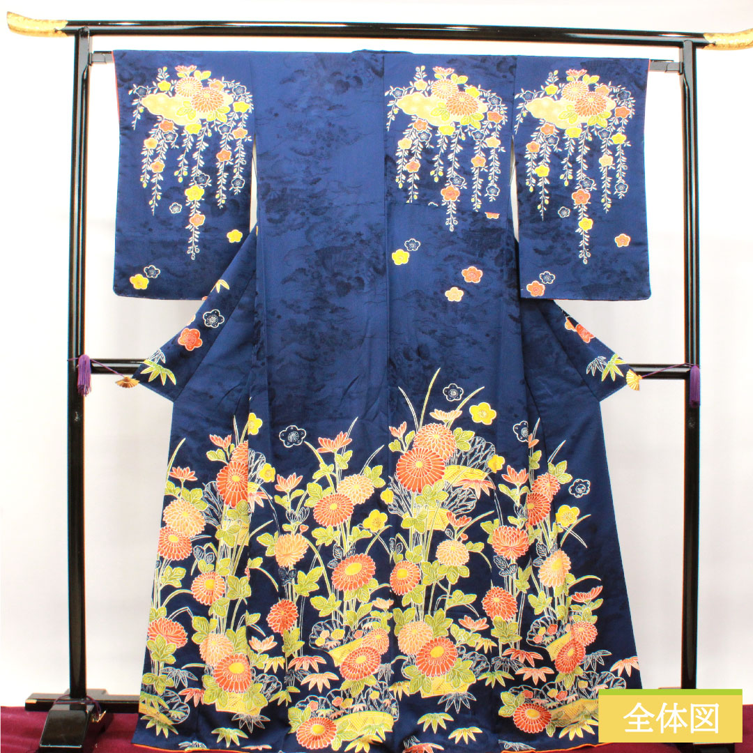 Homongi, pure silk, lined, length 168cm, sleeve length 63.5cm, deep bellflower color, Kyoto Yuzen, chrysanthemum, plum, A rank, navy blue, 1112003393518