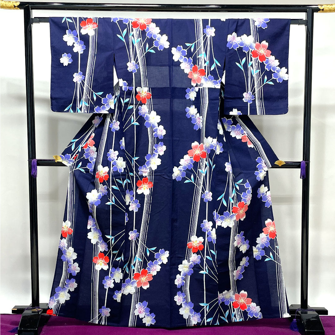 Yukata with basting thread, unused, dark blue, cherry blossom, cotton, S rank, single layer, length 165.5cm, sleeve length 64.5cm, navy blue, 1118002342518