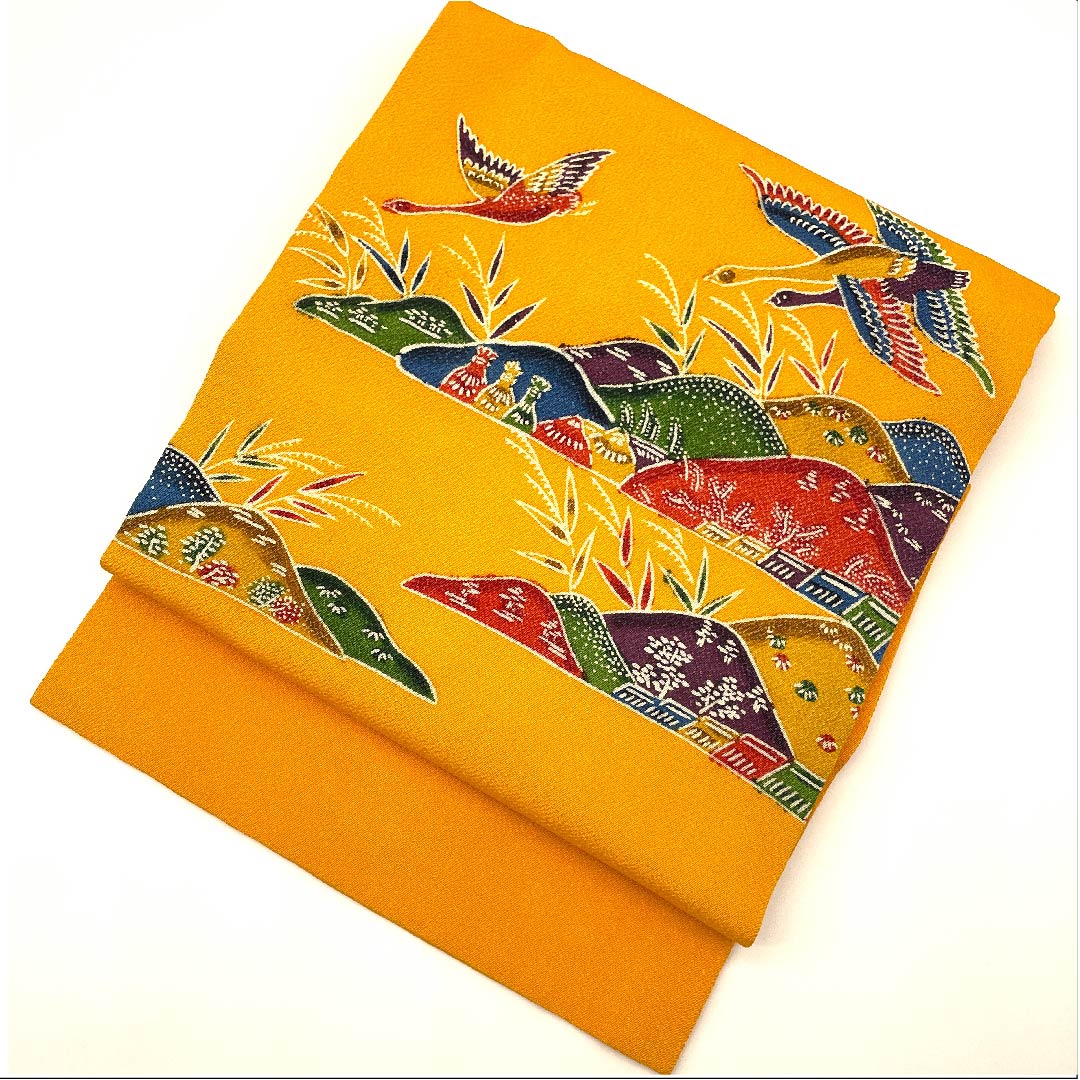 Nagoya obi, orange, Satoyama landscape, bird, crepe, obi length 381cm, pure silk, A rank, point pattern, casual, yellow, 1124004363323, Nagoya style