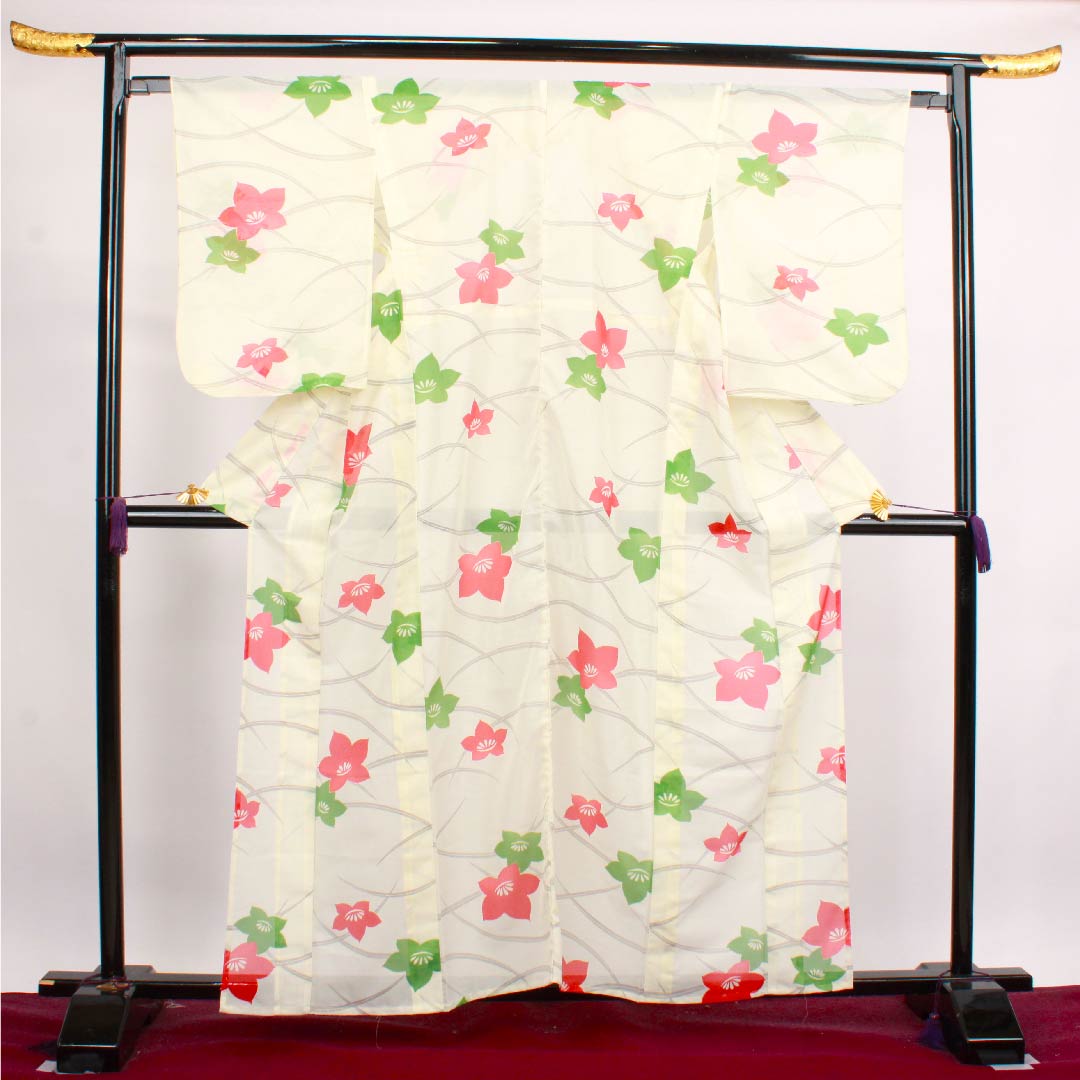 夏物 ポリエステル 訪問着 身丈160cm 裄丈65cm 白百合色（しらゆりいろ）露芝 花模様 絽 Aランク クリーム系 1132000083415