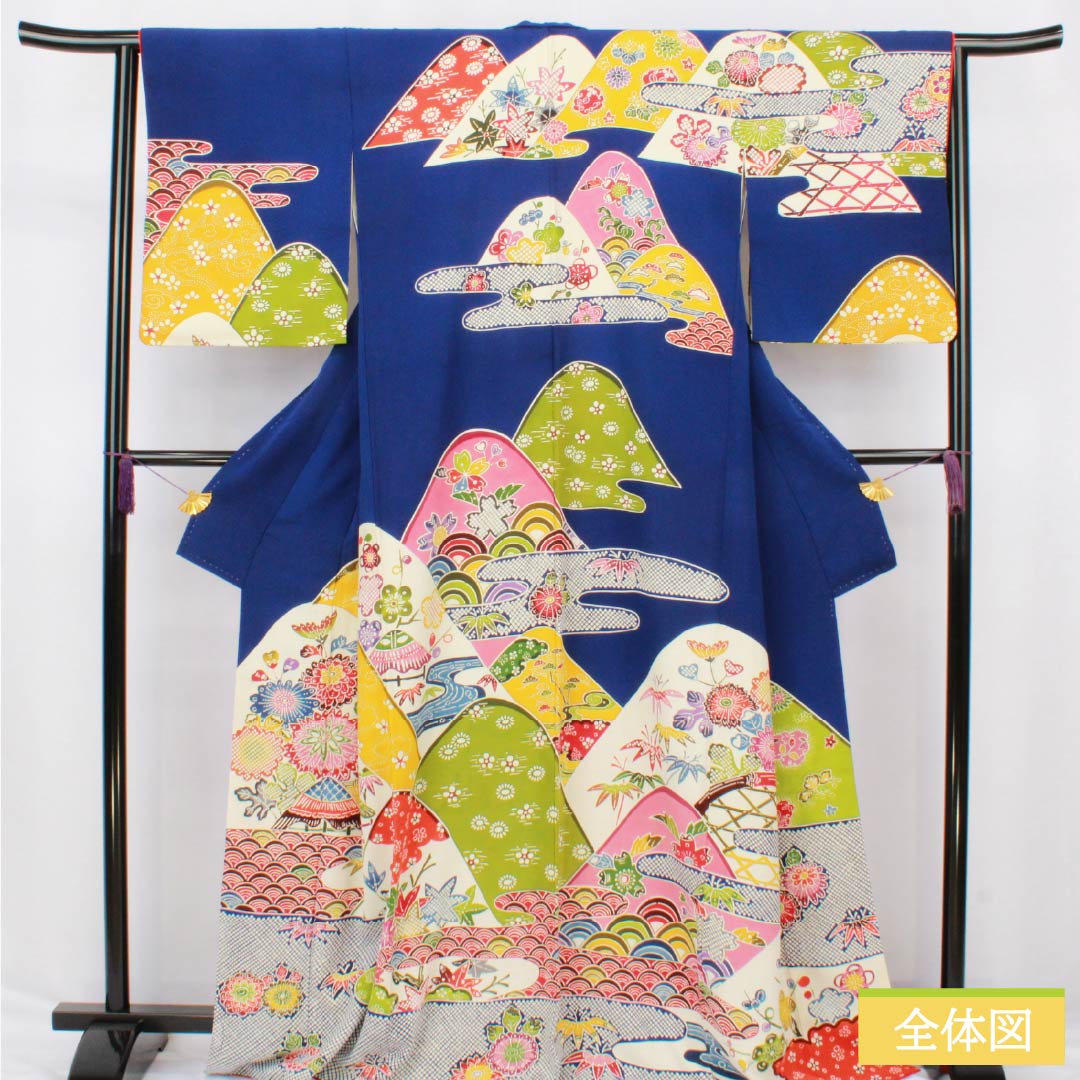 訪問着 正絹 Bランク 袷 身丈167.5cm 裄丈64.5cm 瑠璃色（るりいろ） 京紅型 紅型調 風景模様 半衿付き 青系 1112006684517