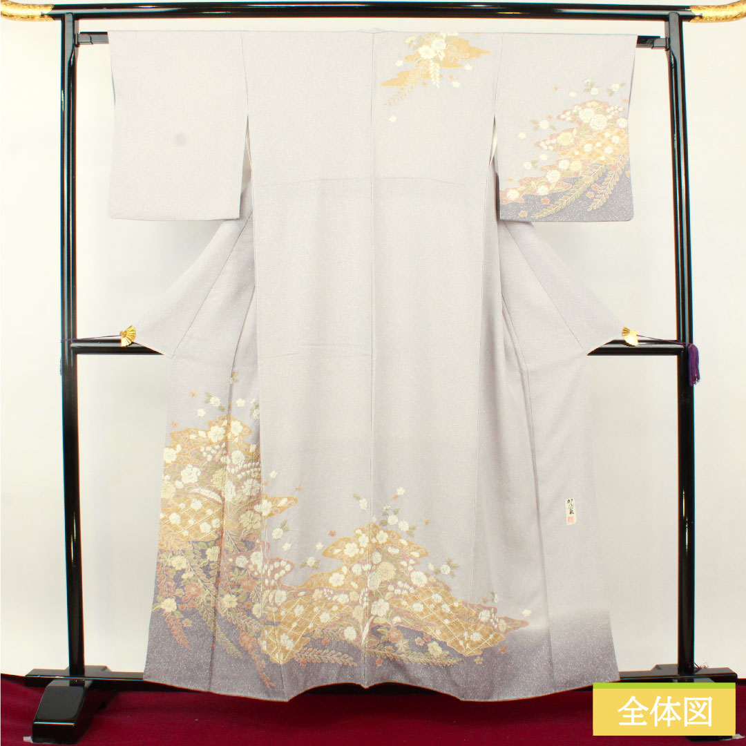 Homongi, pure silk, lined, length 156.5cm, sleeve length 63.5cm, snow color, Tsujigahana, artist's work, A rank, gray, 1112004893322