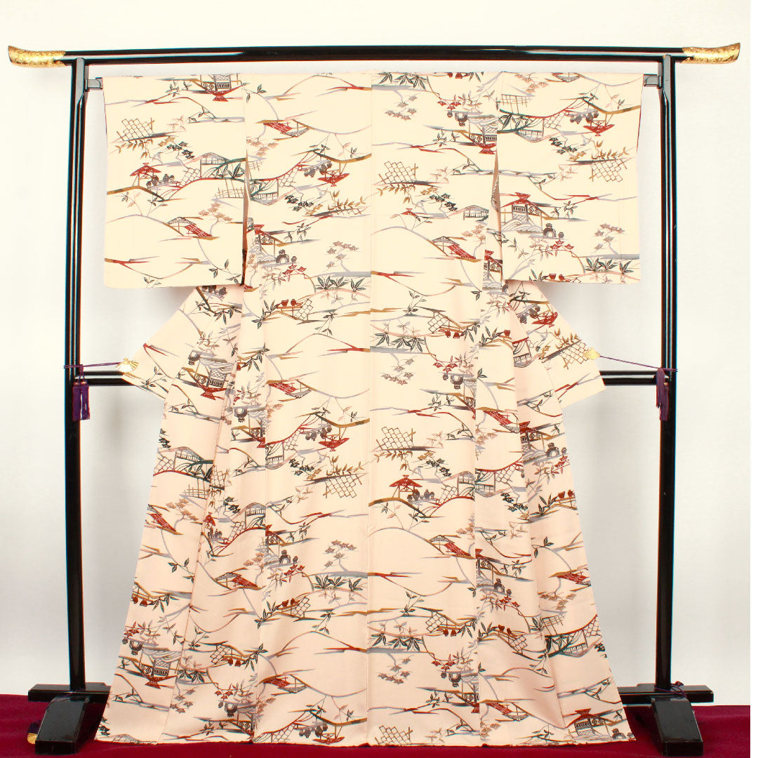 Komon, Length 165.5cm, Sleeve length 66cm, Awase, Washed persimmon color, Stencil dyeing, Landscape pattern, Pure silk, A rank, Pink 1115002093513